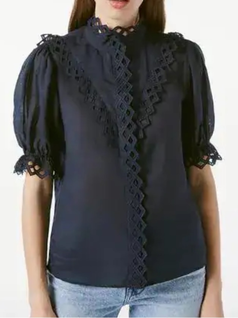 FRAME navy embroidered high neck ramie short sleeve button down blouse size XS